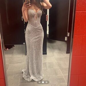 Silver Beaded Strapless Evening Gown